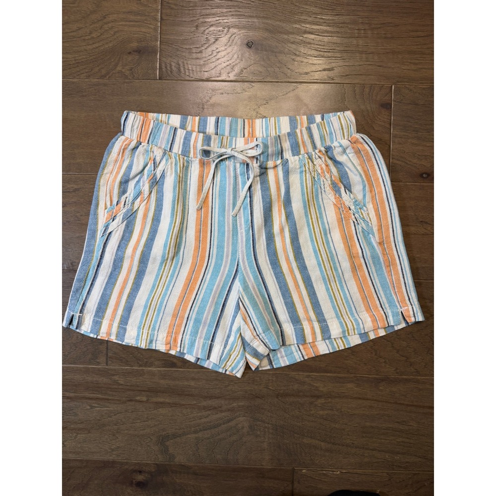 Briggs Womens Linen Blend‎ Striped Shorts Blue Orange Elastic Waist Size M